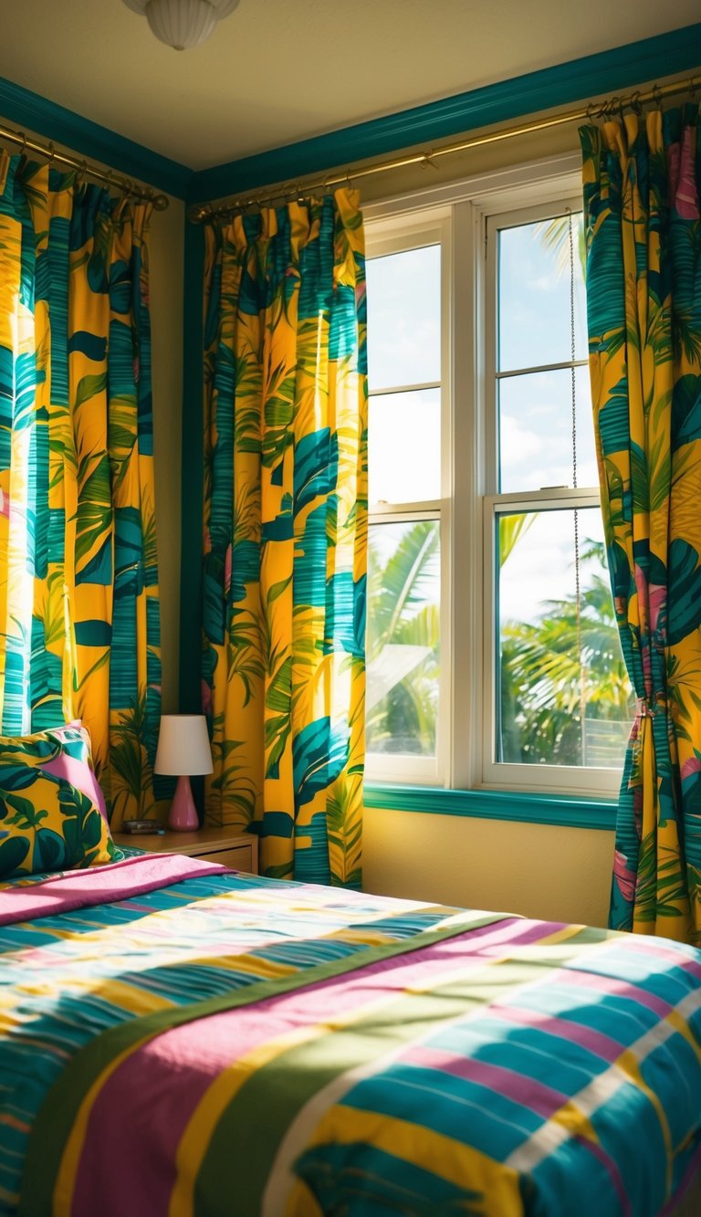 Sunlight filters through tropic-themed curtains in a retro bedroom adorned with vibrant colors and bold patterns
