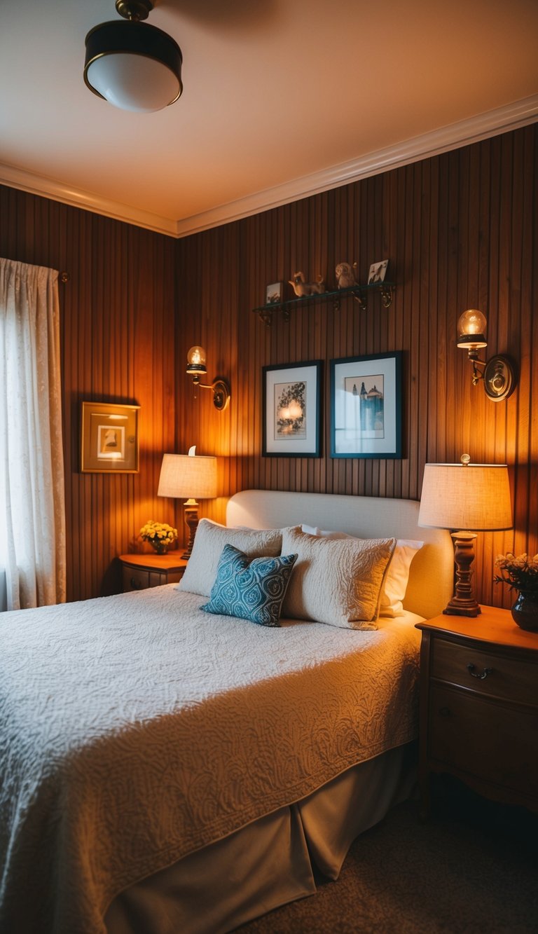 A cozy retro bedroom with a wood paneled accent wall, vintage decor, and warm lighting