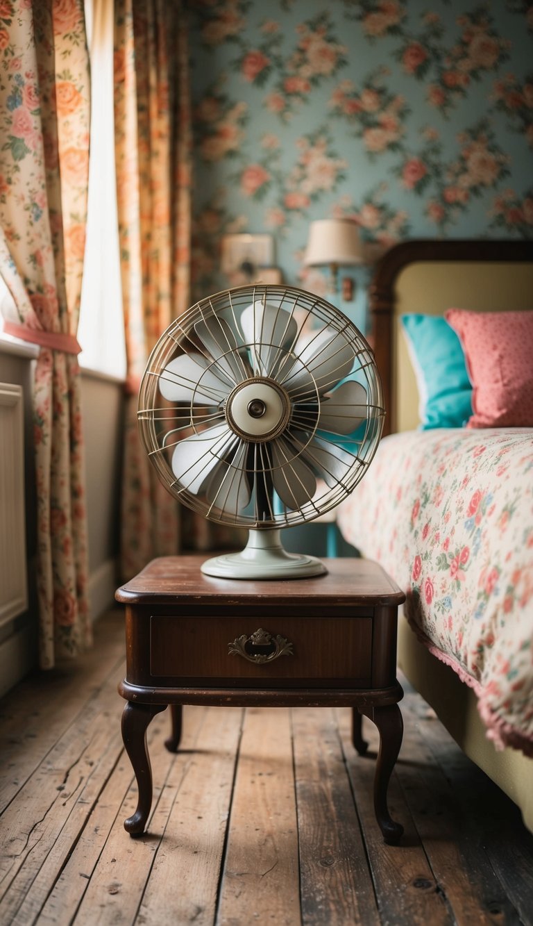 An old-school rotary fan sits on a vintage nightstand in a retro bedroom with floral wallpaper and a worn wooden floor