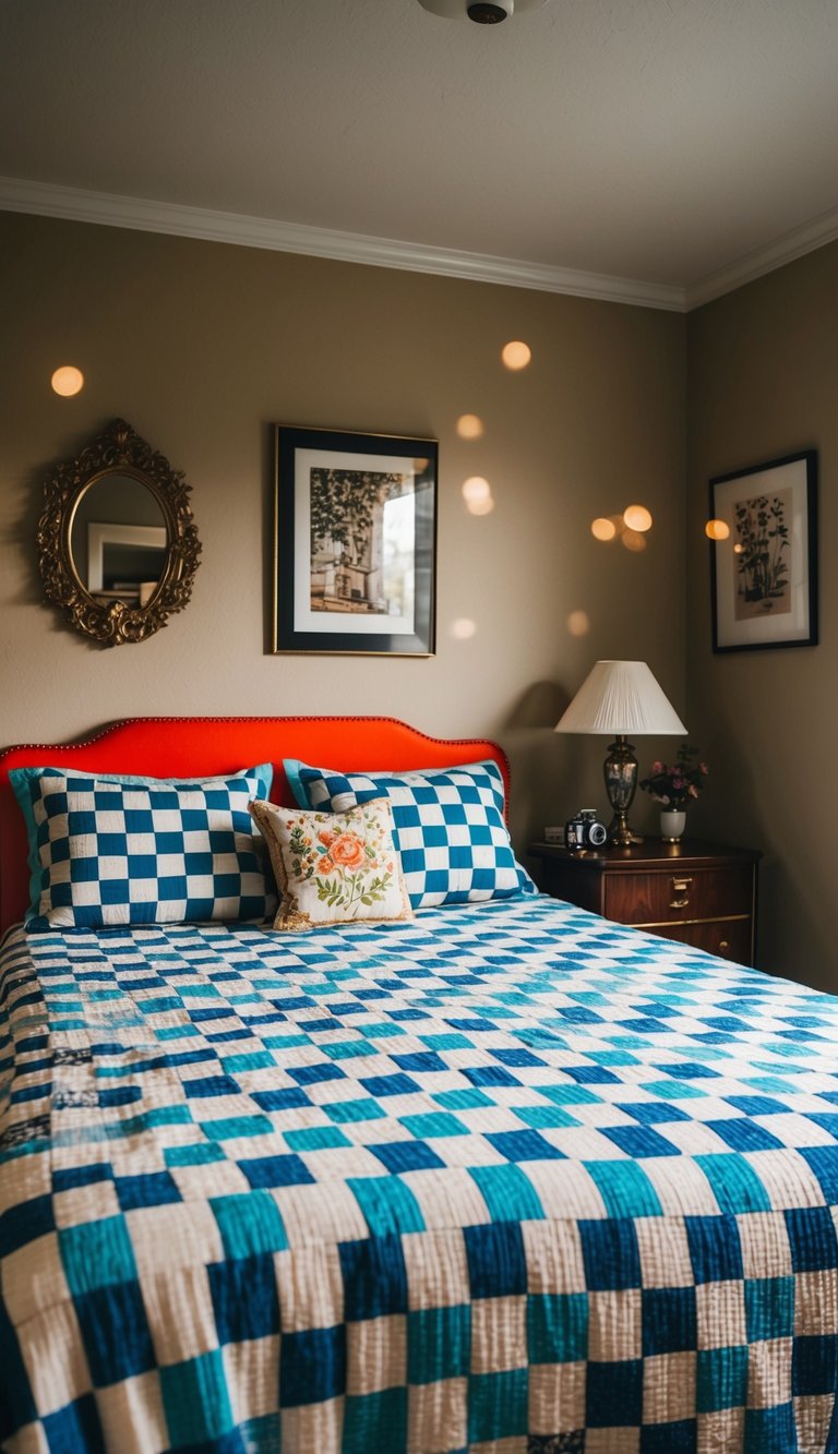 A retro bedroom with a checkerboard bedspread and vintage decor