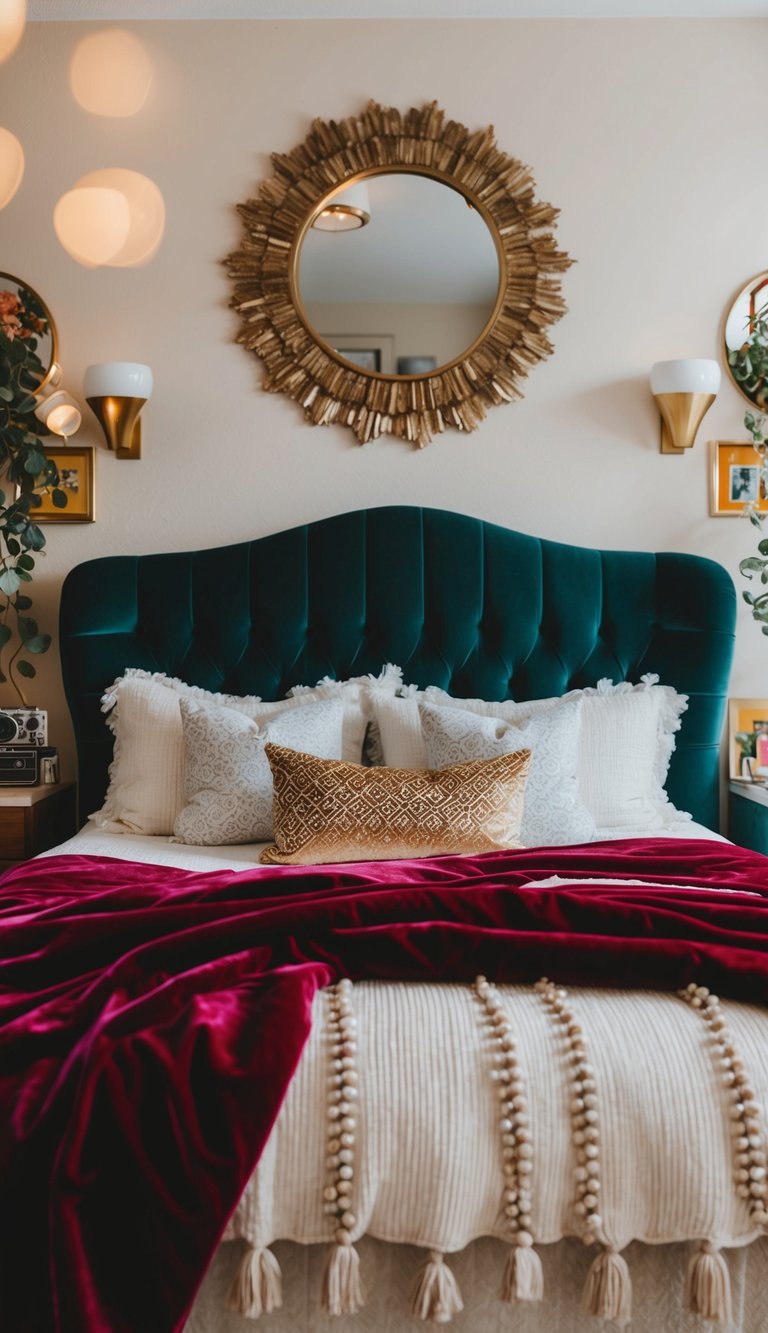 A cozy bed with velvet throw blankets, surrounded by retro bedroom decor
