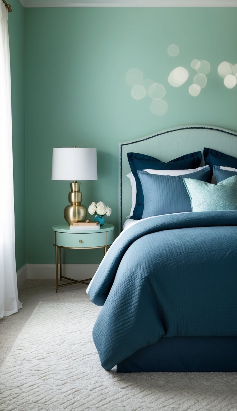Soft seafoam green walls with navy blue accents create a serene bedroom setting