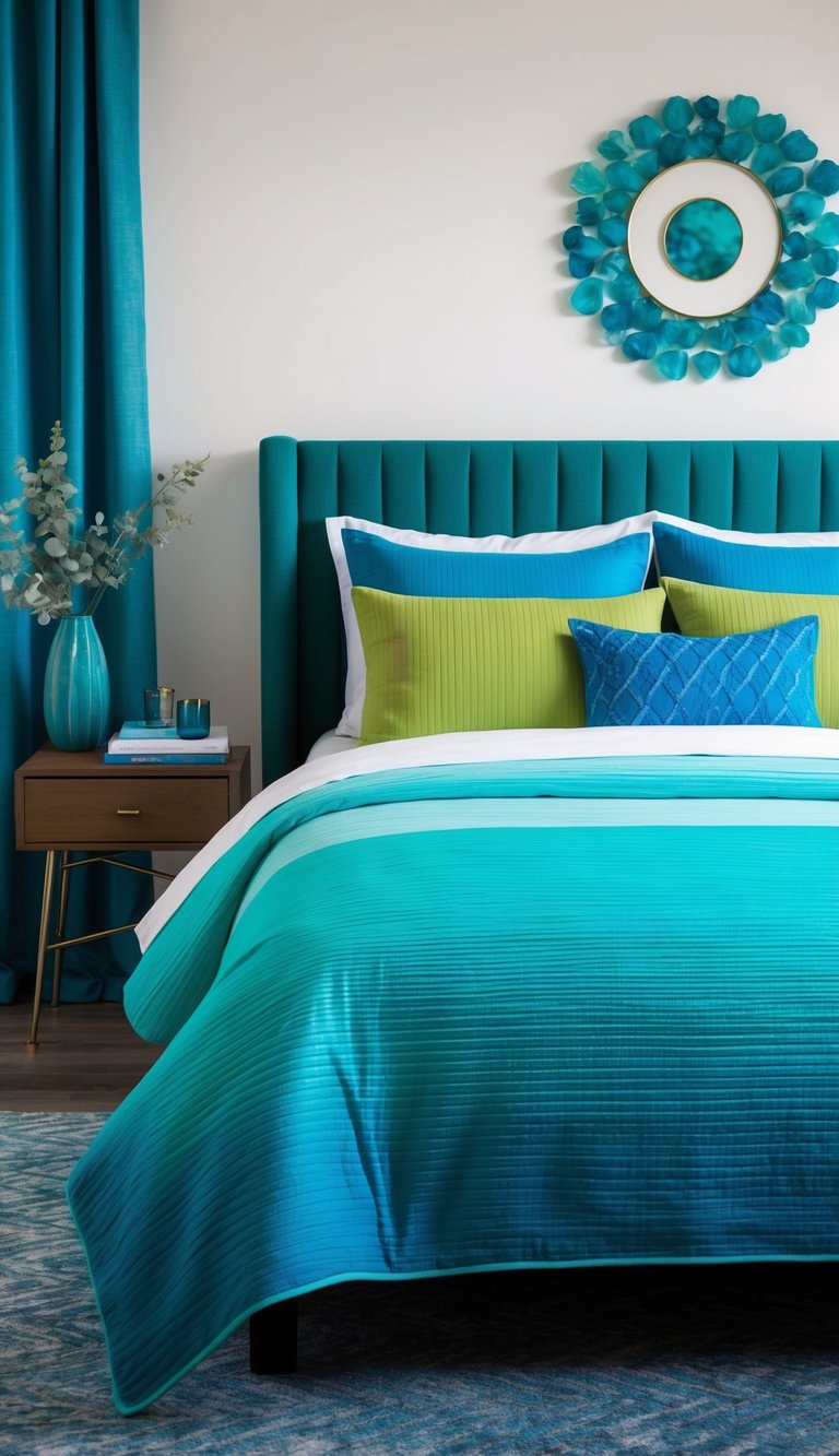 A bedroom with a teal and turquoise ombre bedspread, featuring blue and green decor throughout