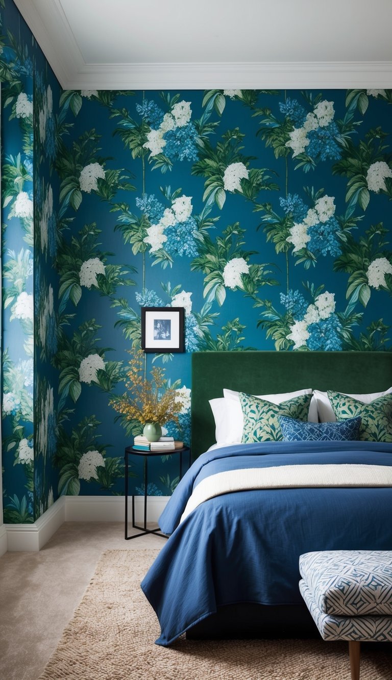 A bedroom with a feature wall covered in blue and green botanical wallpaper, with 26 ideas for decorating in the same color scheme