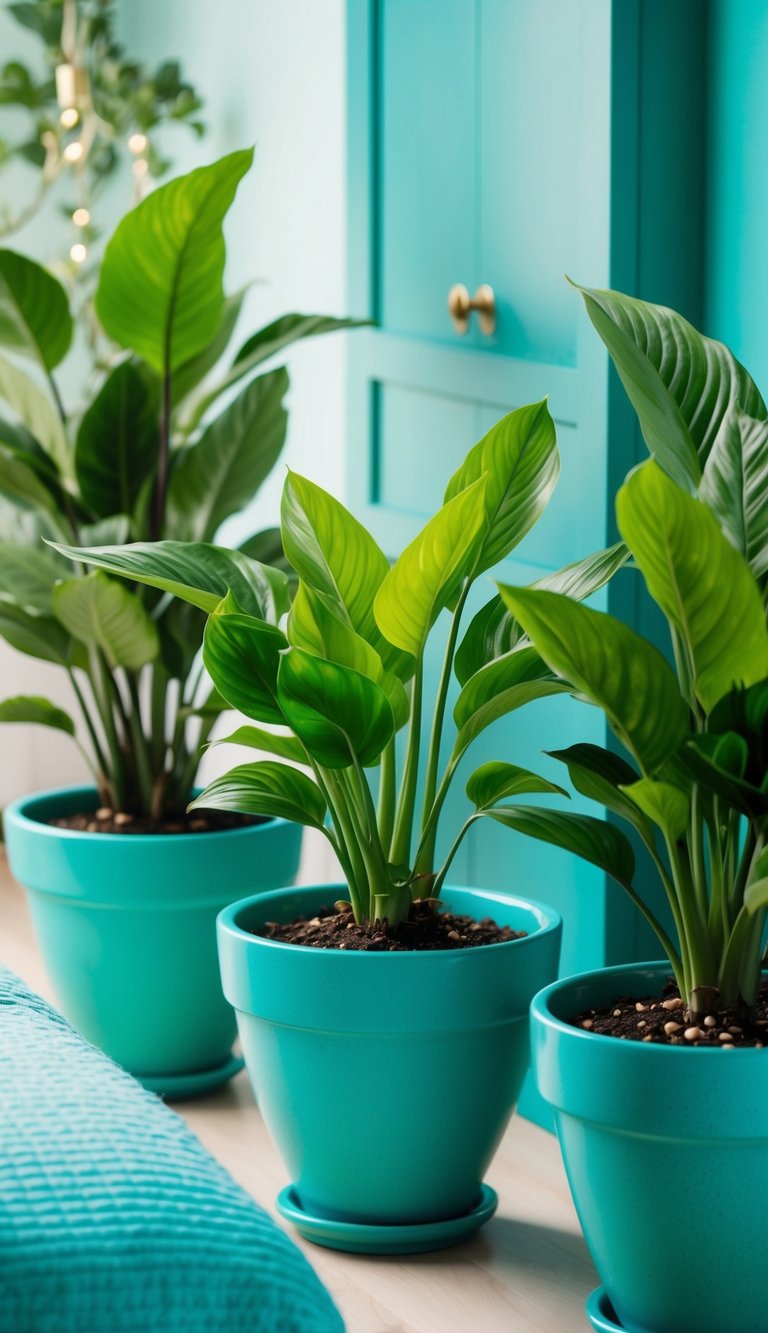 Emerald green plants in turquoise pots adorn a serene blue and green bedroom