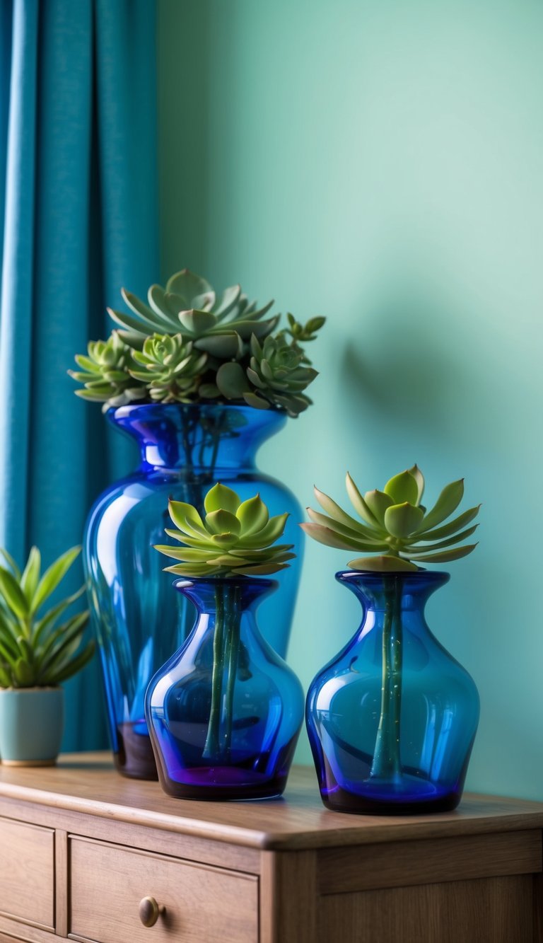 Blue-tinted glass vases with green succulents sit on a wooden dresser in a serene blue and green bedroom