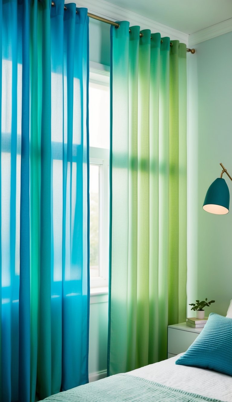 Gradient blue and green striped curtains hanging in a serene bedroom with matching decor and soft lighting