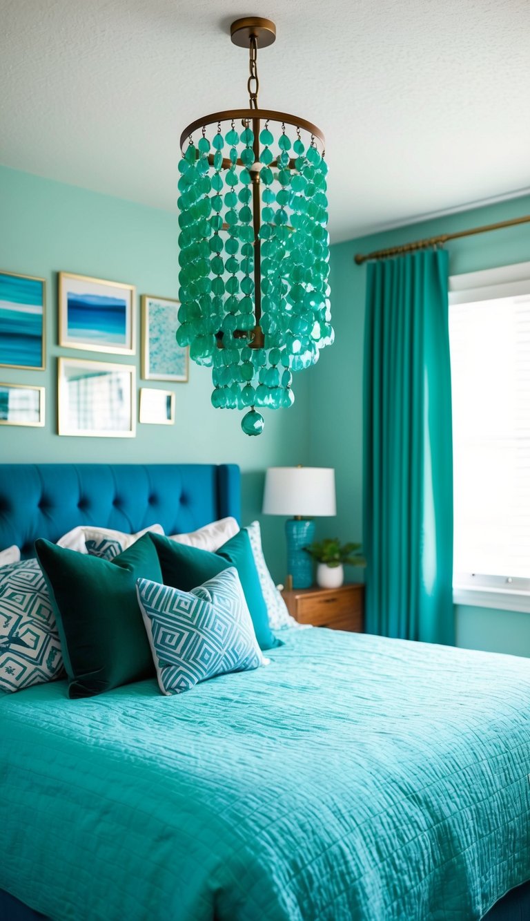 A turquoise chandelier with green glass beads hangs in a bedroom filled with 26 blue and green decor ideas