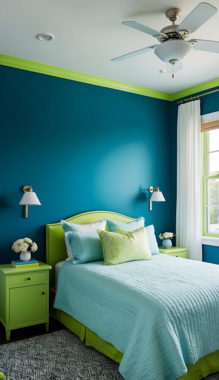 An ocean blue accent wall with lime green trim in a serene bedroom setting