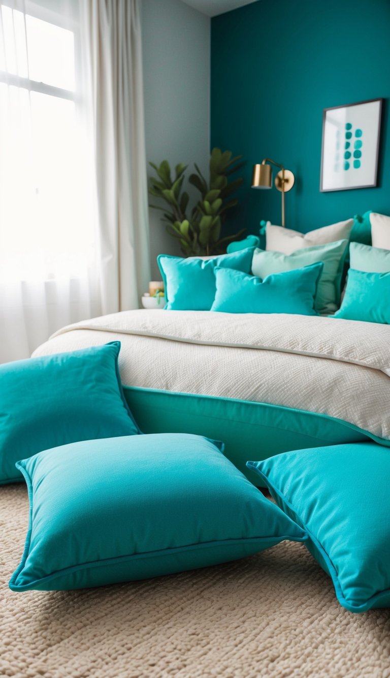 Cerulean blue floor cushions with mint accents arranged in a cozy bedroom