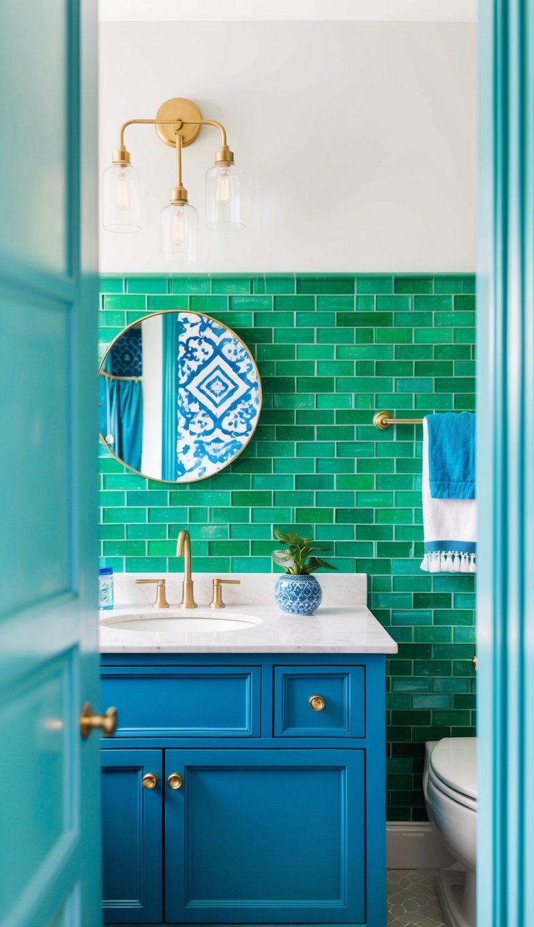 A bright green tiled backsplash stands behind a blue vanity in a bedroom filled with blue and green decor
