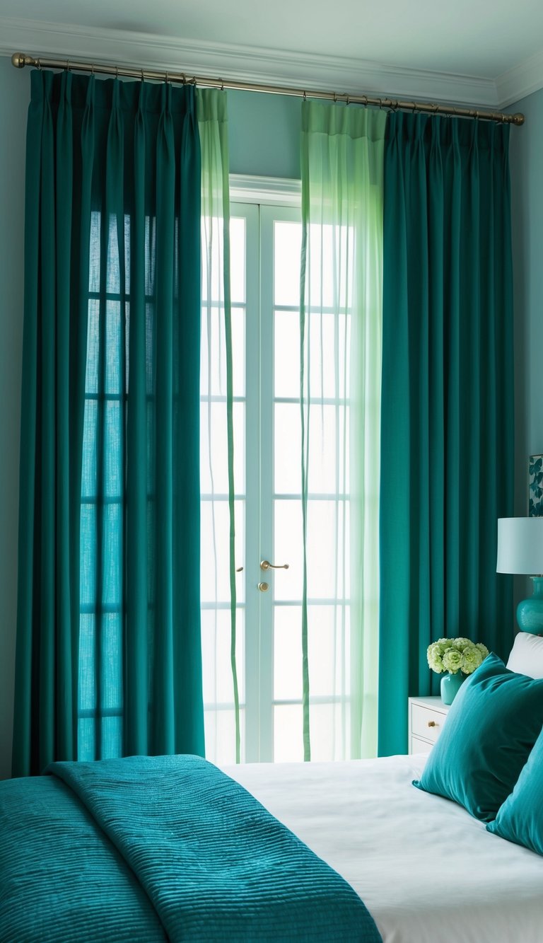 Dark teal curtains with light green sheers frame a serene bedroom with blue and green accents