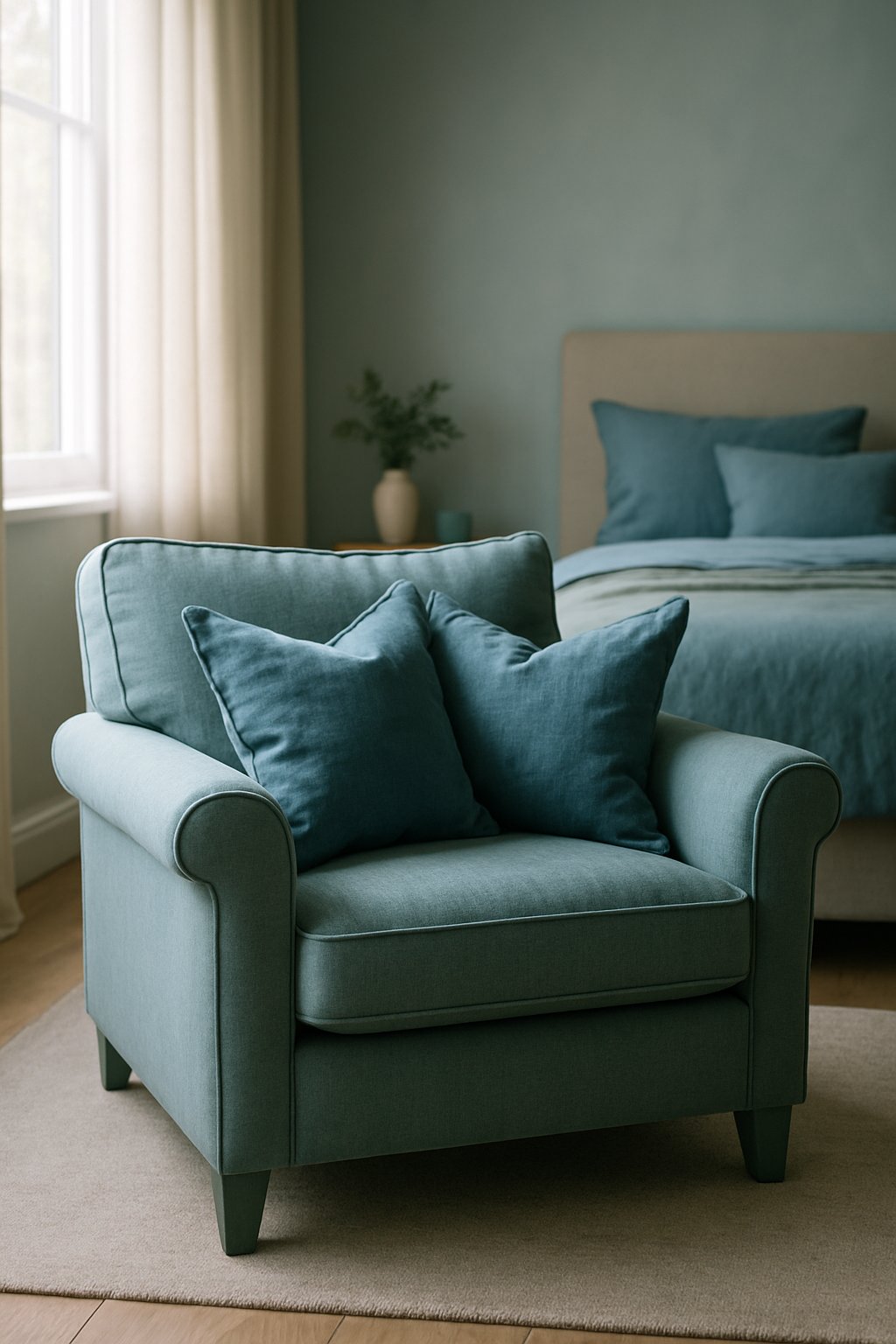 A muted teal armchair with blue-green pillows in a serene blue and green themed bedroom
