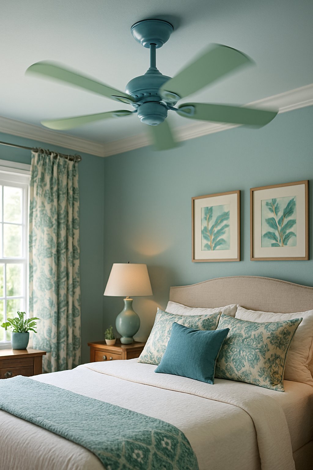A light blue ceiling fan with green blades spins in a blue and green themed bedroom