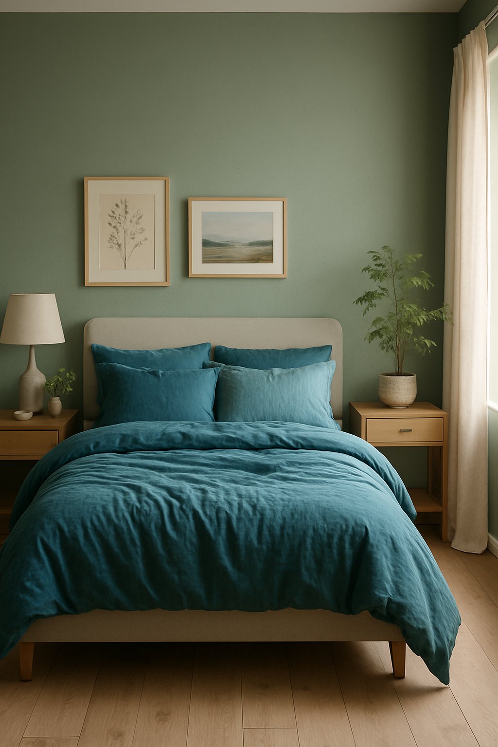 Sage green walls complement teal bedding in a serene blue and green themed bedroom setting
