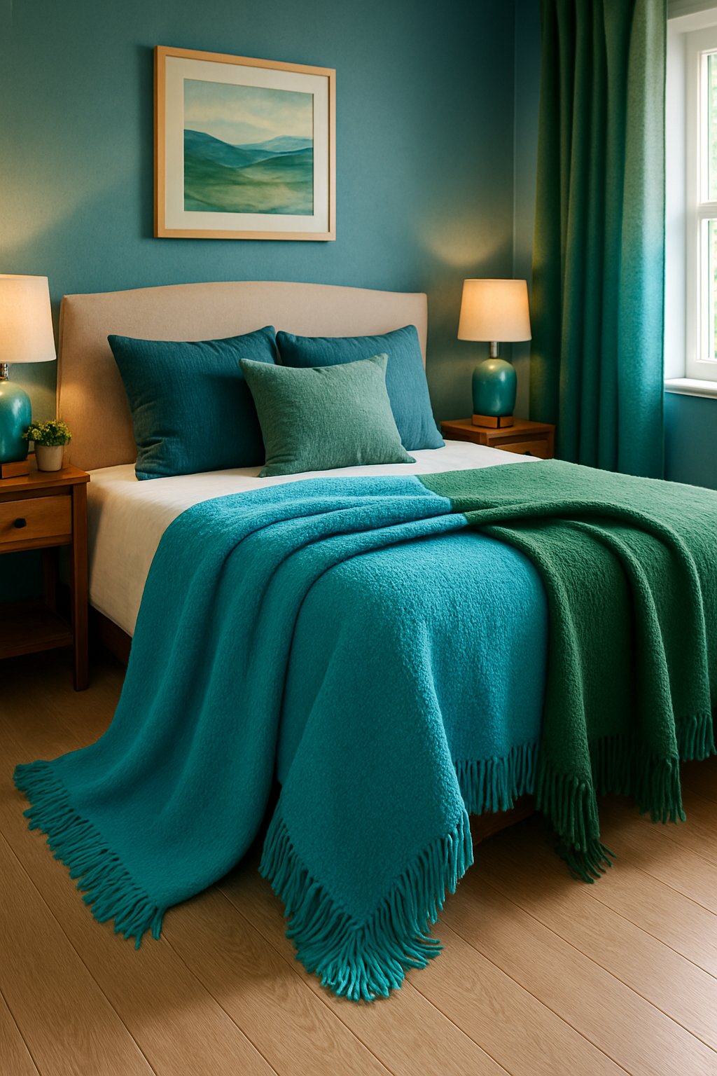 Cyan and forest green throw blankets draped over a bed in a blue and green themed bedroom
