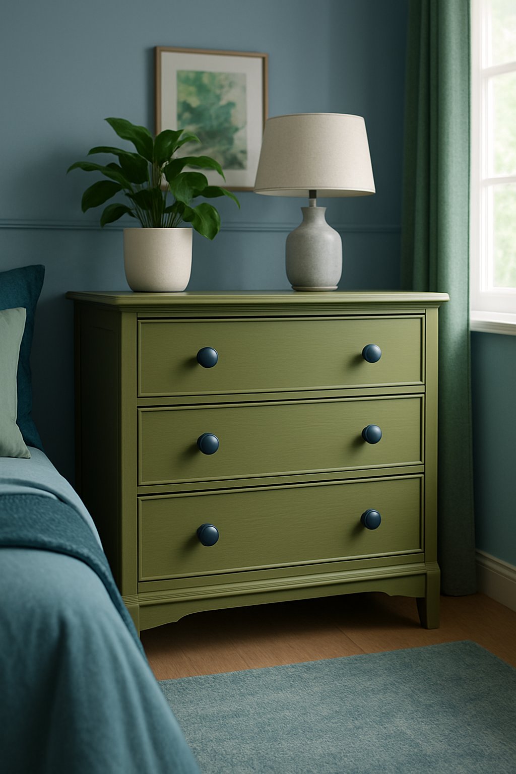 An olive green dresser with navy blue knobs in a blue and green bedroom