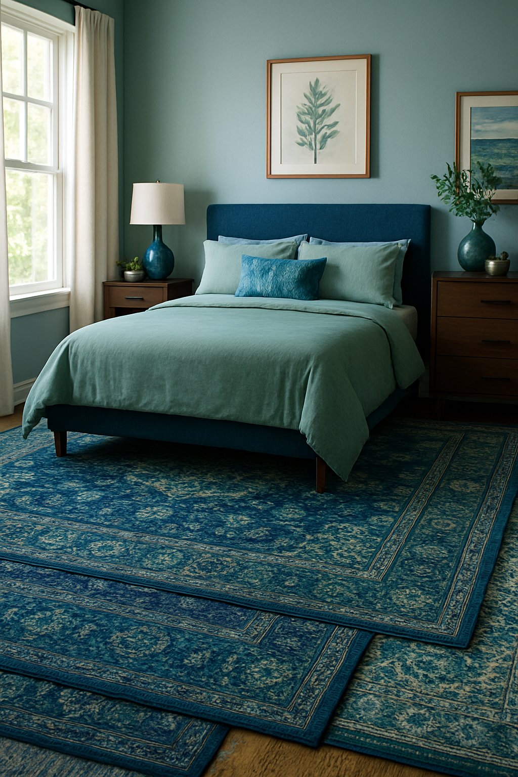 A blue and green themed bedroom with layered blue and green patterned rugs