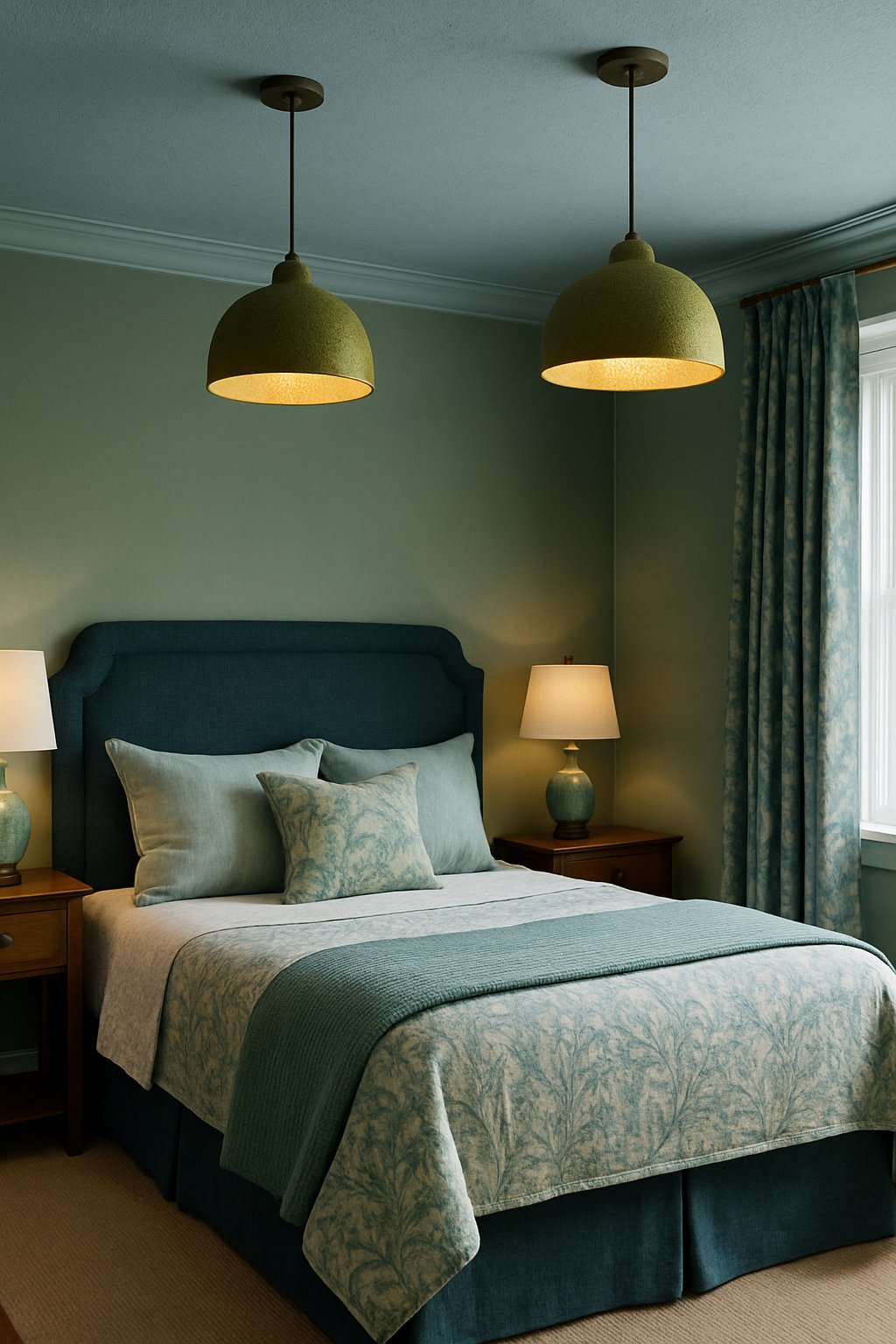 A sky blue ceiling with moss green pendant lights illuminating a bedroom decorated in shades of blue and green