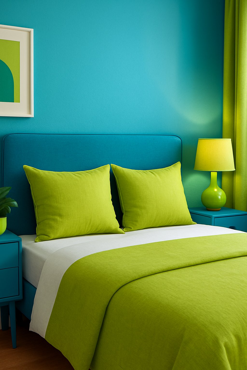 An aqua blue headboard with lime green cushions in a bright blue and green bedroom