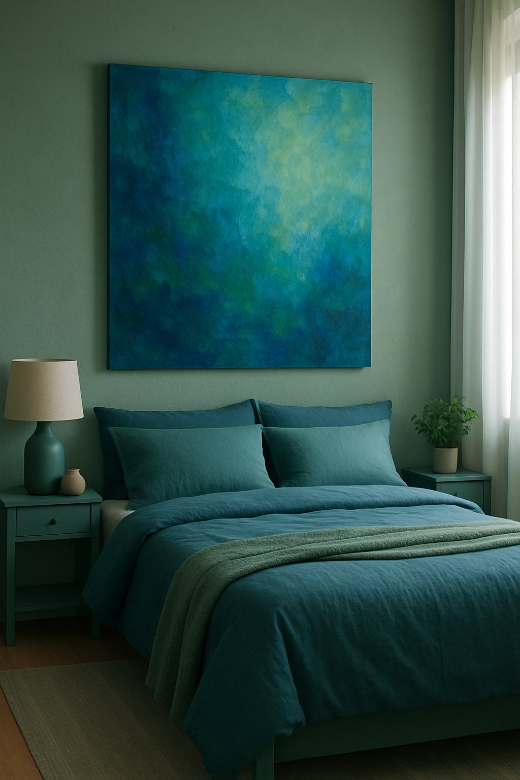 Vibrant blue and green abstract art hangs above a bed in a serene bedroom setting in blue and green bedroom