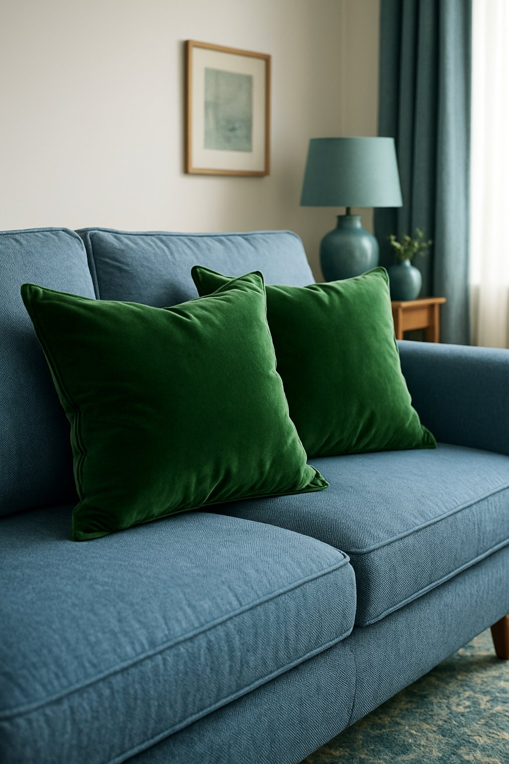 Green velvet throw pillows on a blue linen sofa in a room with blue and green bedroom decor ideas