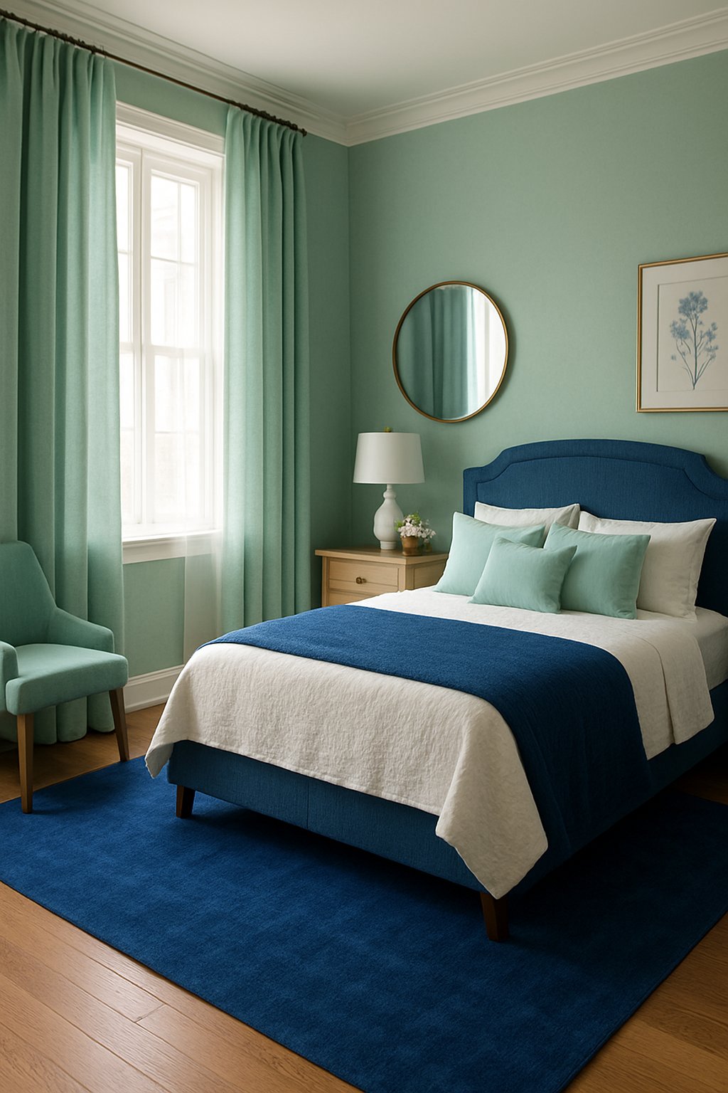 Mint green curtains hang beside cobalt rugs in a serene with blue and green bedroom ideas