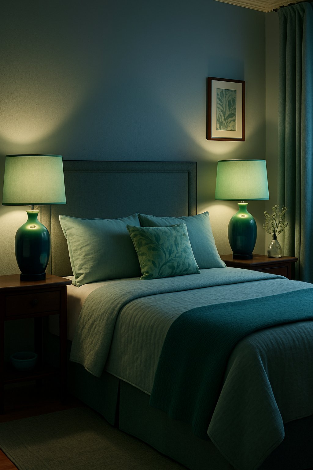 Two jade green bedside lamps with indigo bases illuminate a tranquil bedroom with blue and green decor
