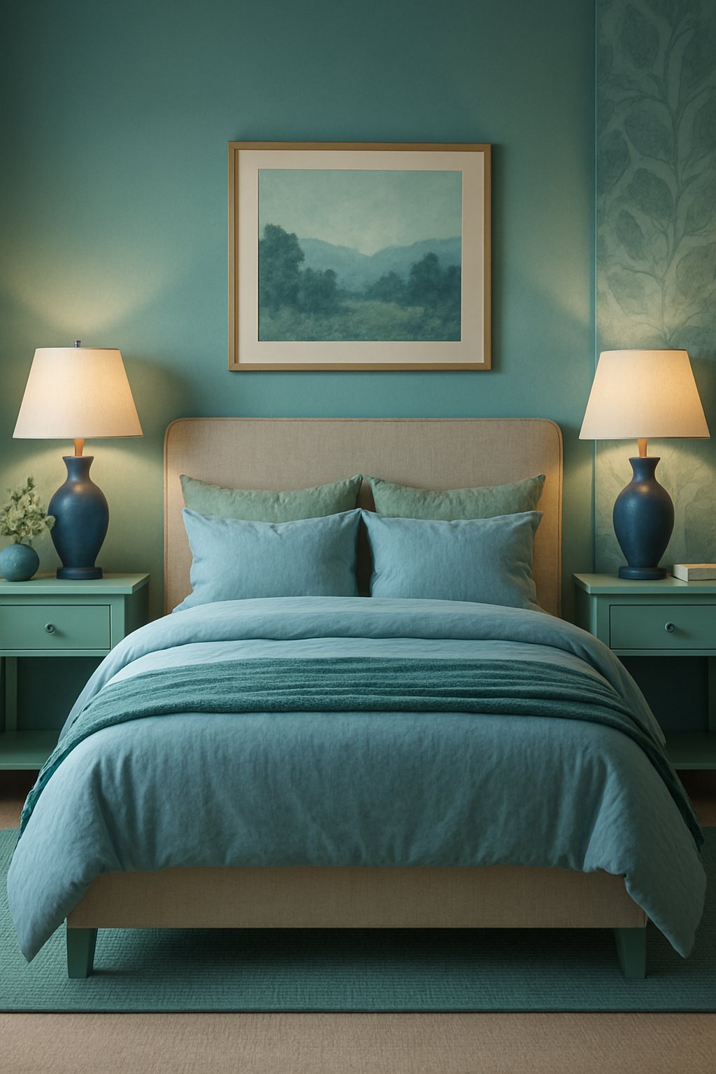 Sea green bedside tables with navy lamps illuminate a tranquil bedroom in shades of blue and green