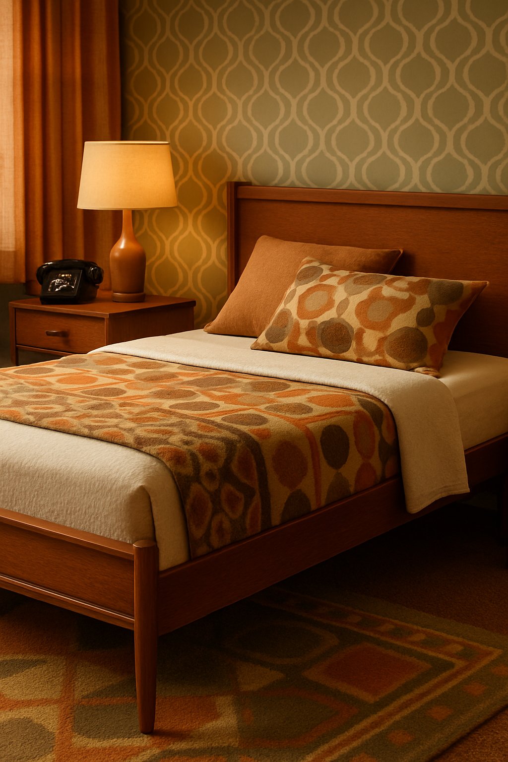 A cozy mid-century modern bed frame surrounded by retro bedroom decor and furniture