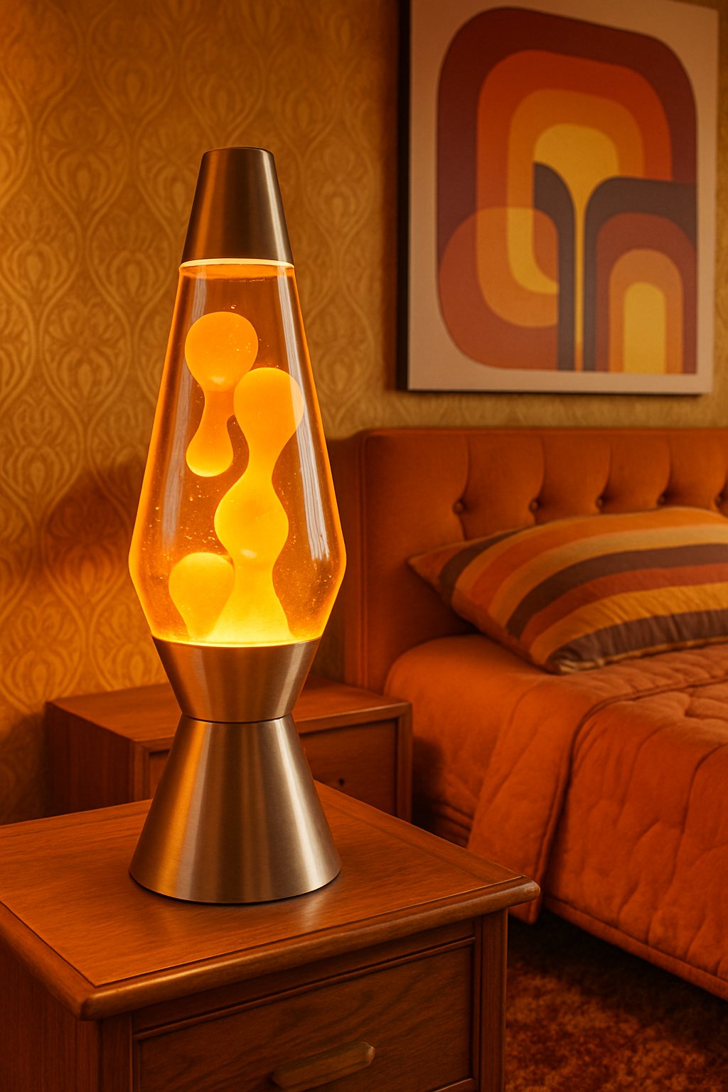 A retro lava lamp sits on a bedside table in a colorful retro bedroom, 70s-inspired bedroom with shag carpet and wall art