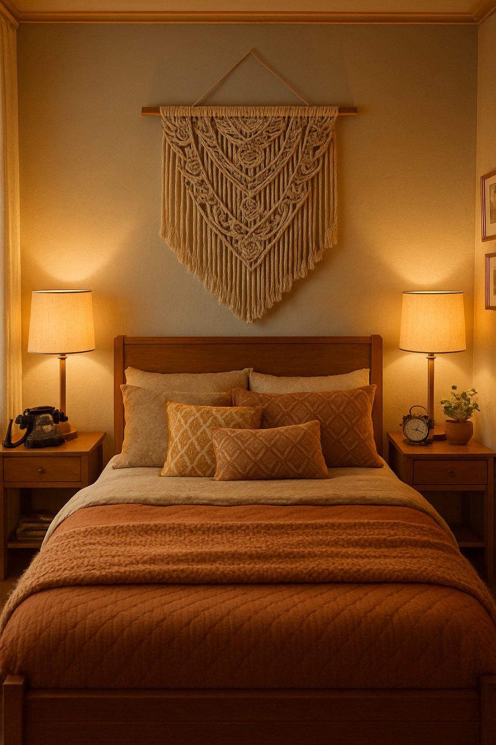 A cozy retro bedroom with a macramé wall hanging, vintage decor, and warm lighting