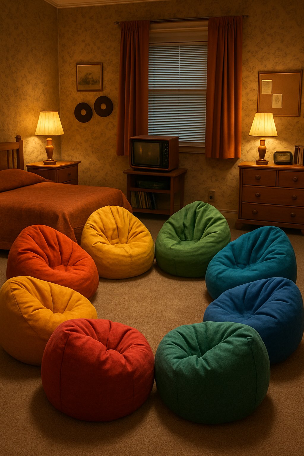 A cozy retro bedroom with colorful bean bag chairs arranged in a circle, surrounded by vintage decor and soft lighting