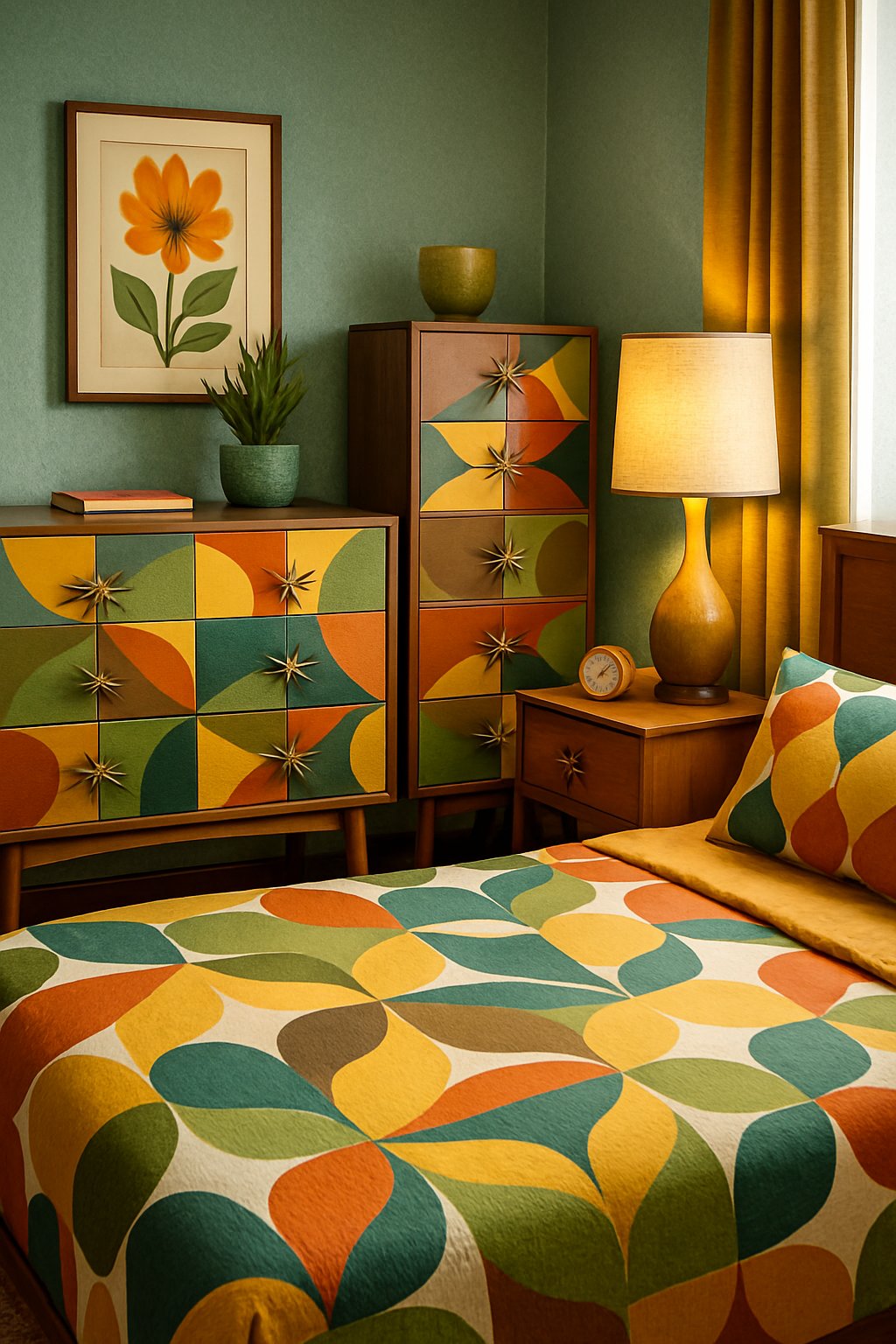 Retro bedroom with dressers featuring sputnik handles, geometric patterns, and vibrant colors