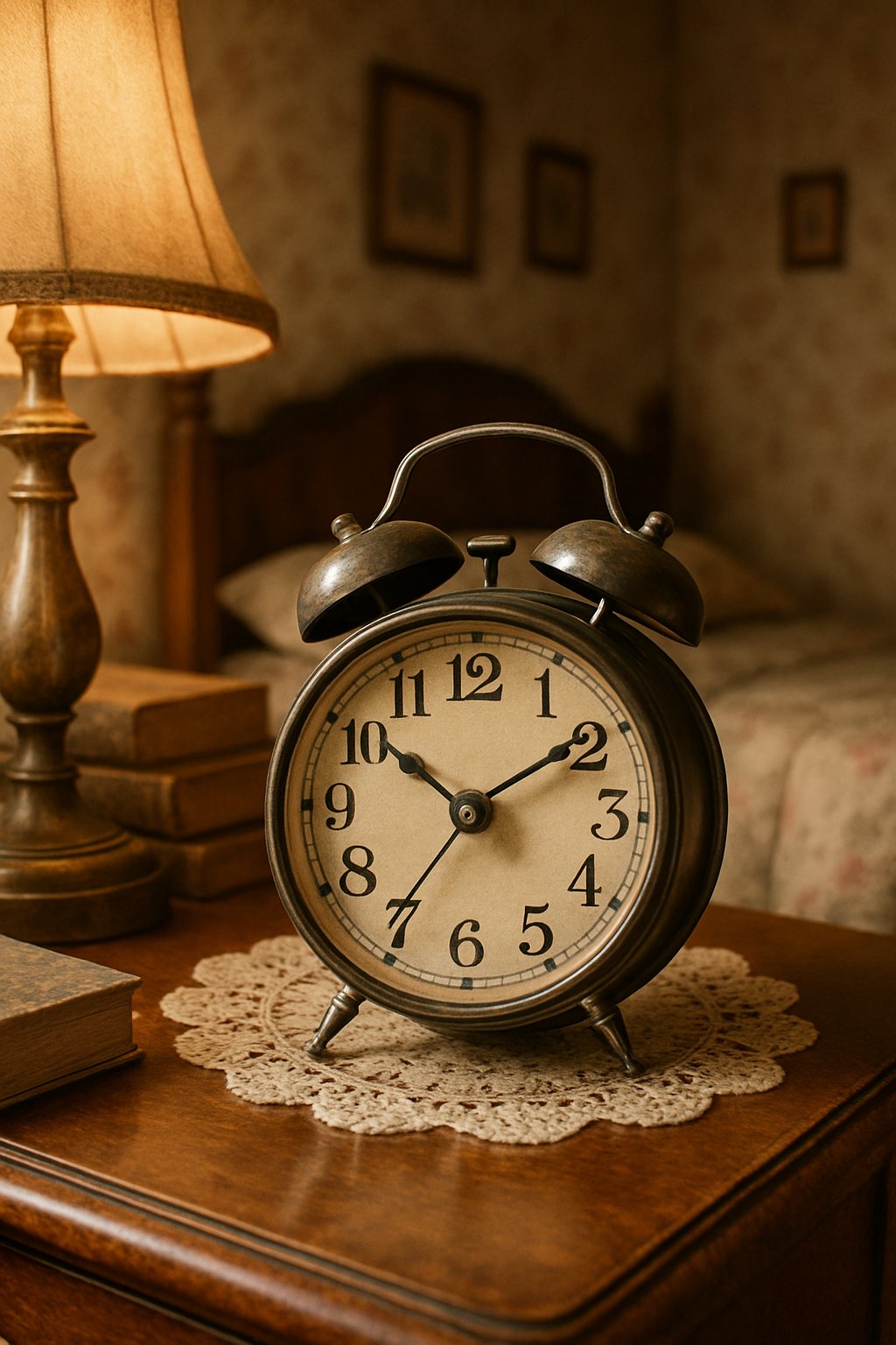 A retro alarm clock sits on a bedside table in a vintage-styled bedroom, surrounded by nostalgic decor and furnishings
