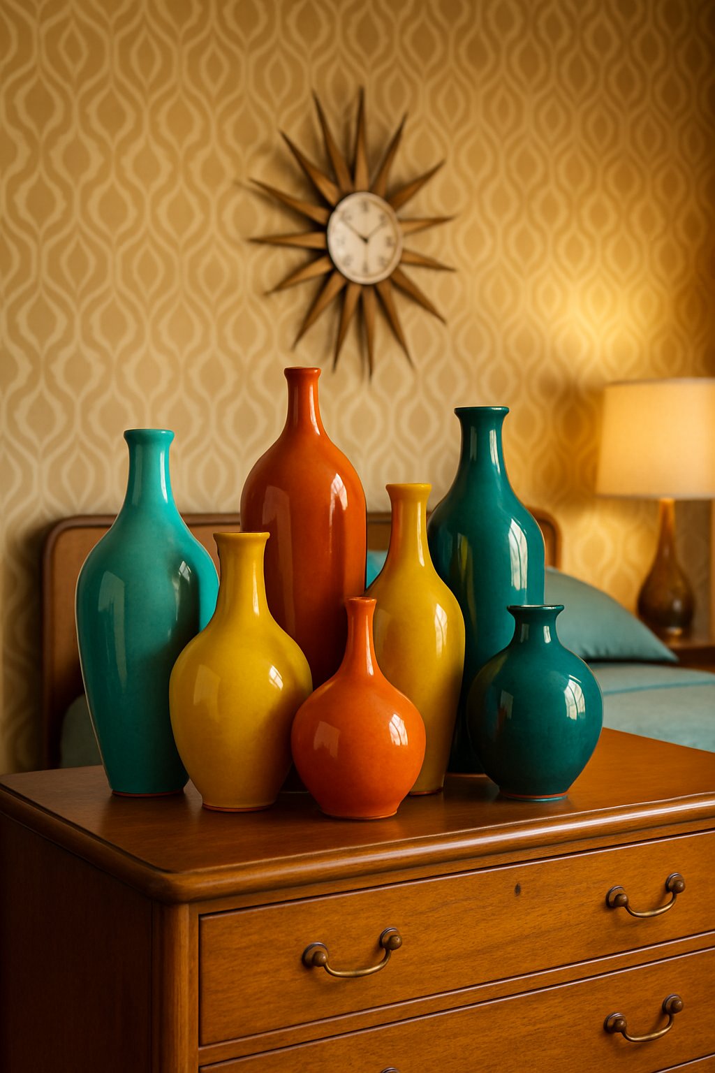 A collection of brightly colored ceramic vases displayed on a retro bedroom dresser in retro themed bedroom