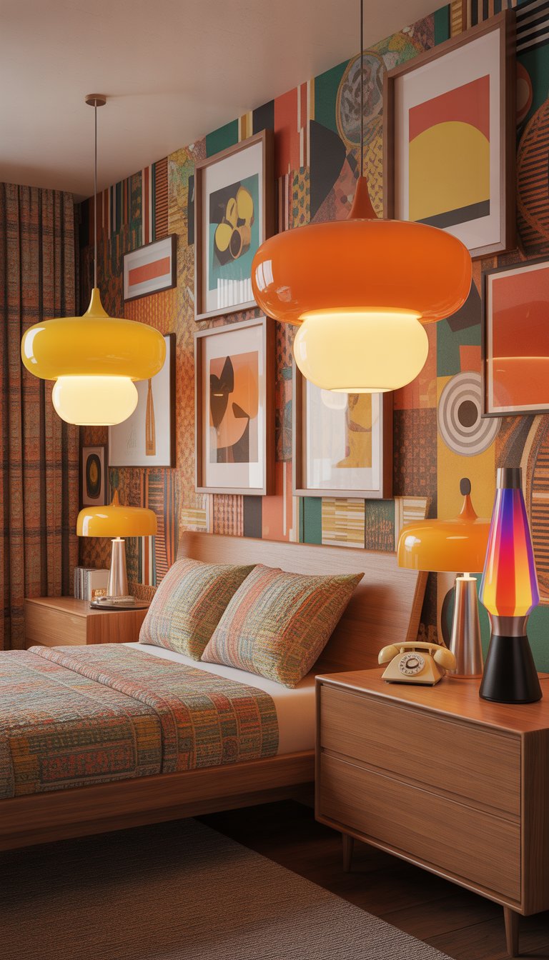 A retro bedroom with 60s style pendant lighting, featuring vintage decor and colorful patterns