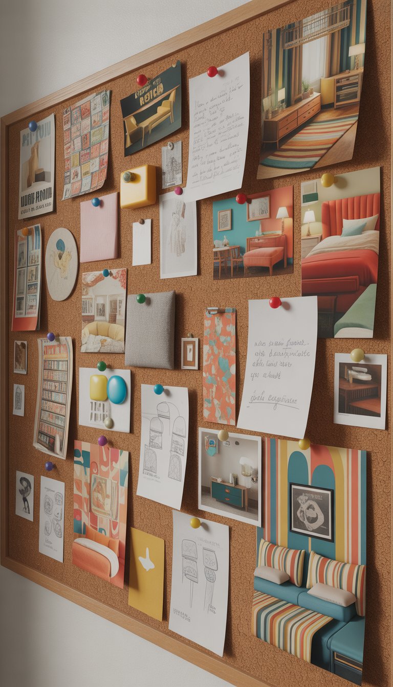 A neat and clean cork bulletin board adorned with colorful retro bedroom ideas