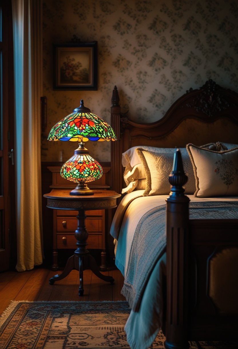 A retro themed bedroom with a vintage feel, featuring stained glass lamps casting colorful patterns across the room
