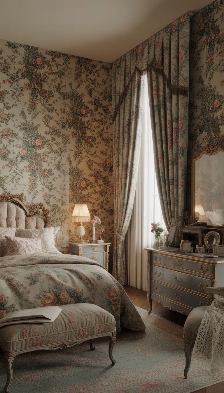 A Victorian bedroom with floral patterned wallpaper, a large wooden bed, vintage furniture, and soft natural light coming through a window.