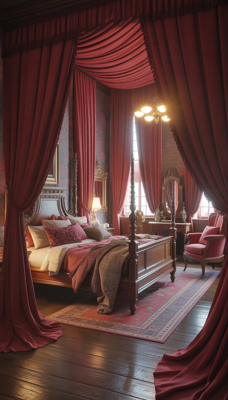 A Victorian bedroom with deep red velvet drapes framing tall windows, an ornate four-poster bed, wooden furniture, and a vintage chandelier.