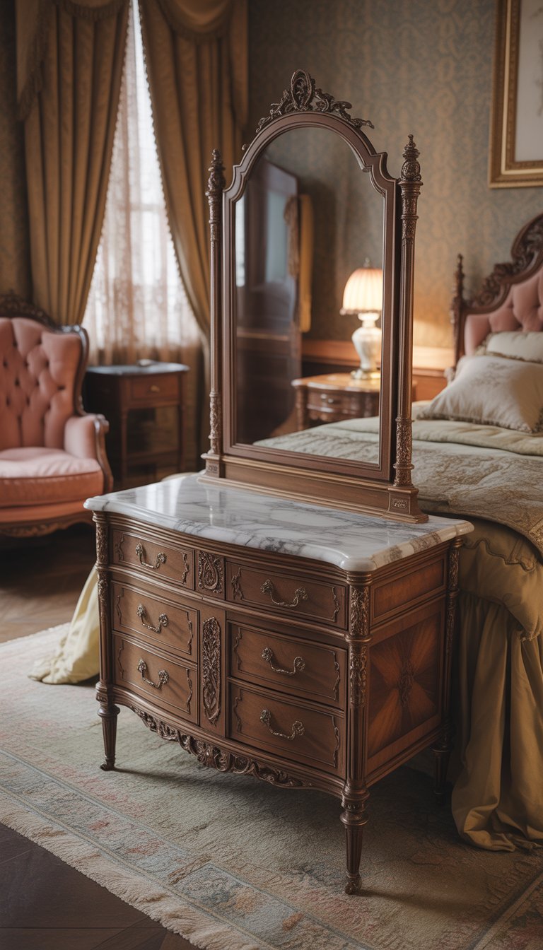 An antique vanity with a marble top in a Victorian bedroom with classic furniture and soft natural light.