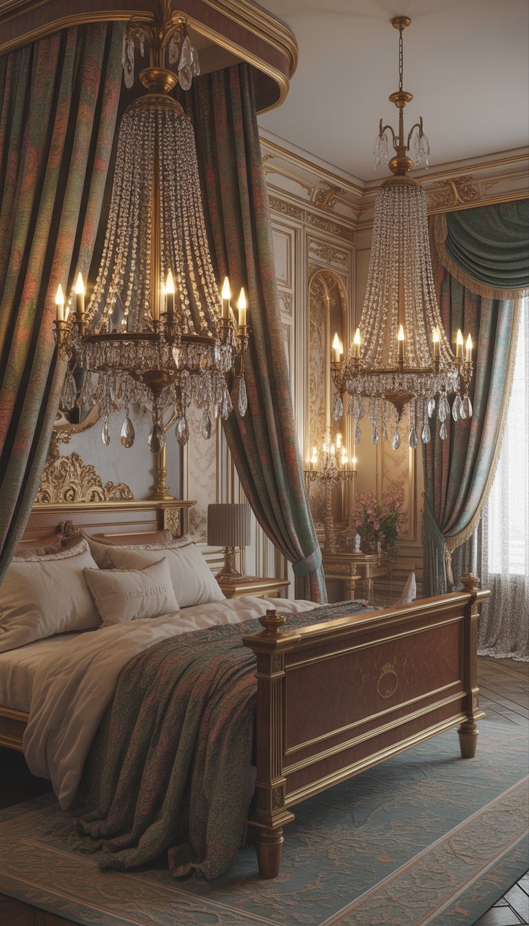 A Victorian bedroom with a large canopy bed, ornate wooden furniture, floral wallpaper, and brass and crystal chandeliers providing warm light.