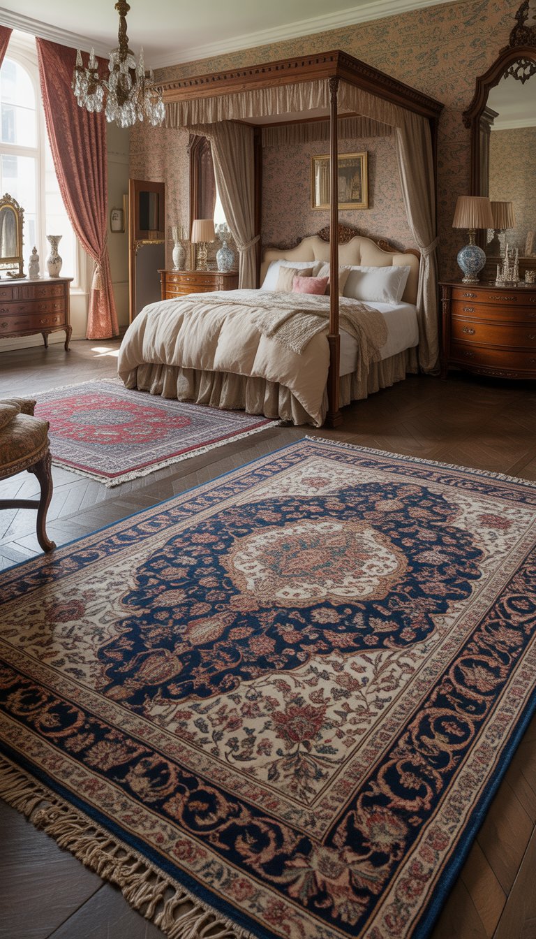 A Victorian bedroom with a detailed Persian rug on the floor, ornate wooden furniture, a canopy bed, floral wallpaper, and elegant decorations.