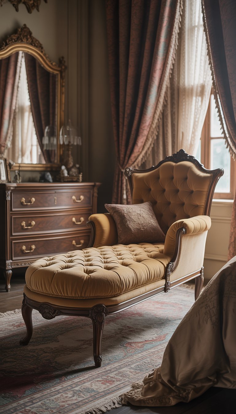A Victorian bedroom with a tufted chaise lounge, antique furniture, patterned rug, and draped window curtains.