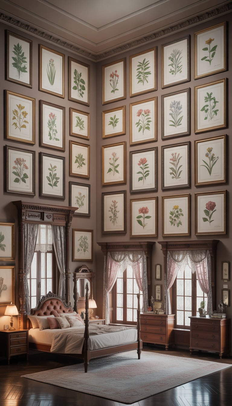 A Victorian bedroom with 25 framed botanical prints on the walls, featuring a four-poster bed, antique furniture, and tall windows with lace curtains.