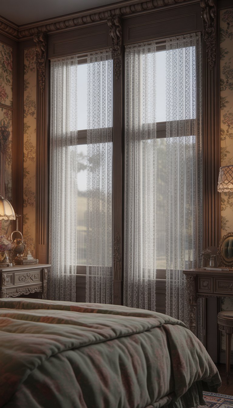 A Victorian bedroom with large windows covered by lace curtains, featuring a canopy bed, wooden furniture, and soft natural light filling the room.