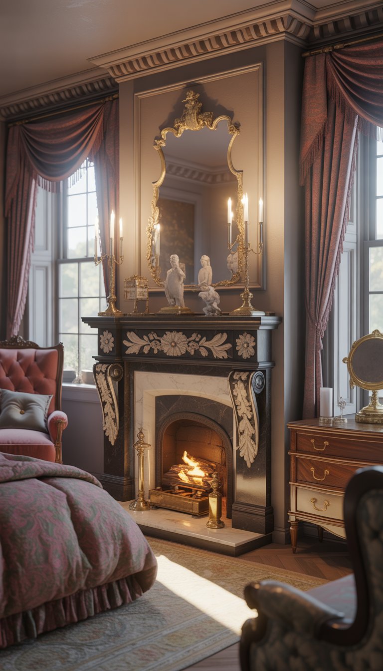 A Victorian bedroom with a decorative fireplace mantel, a four-poster bed, antique furniture, and tall windows with drapes.