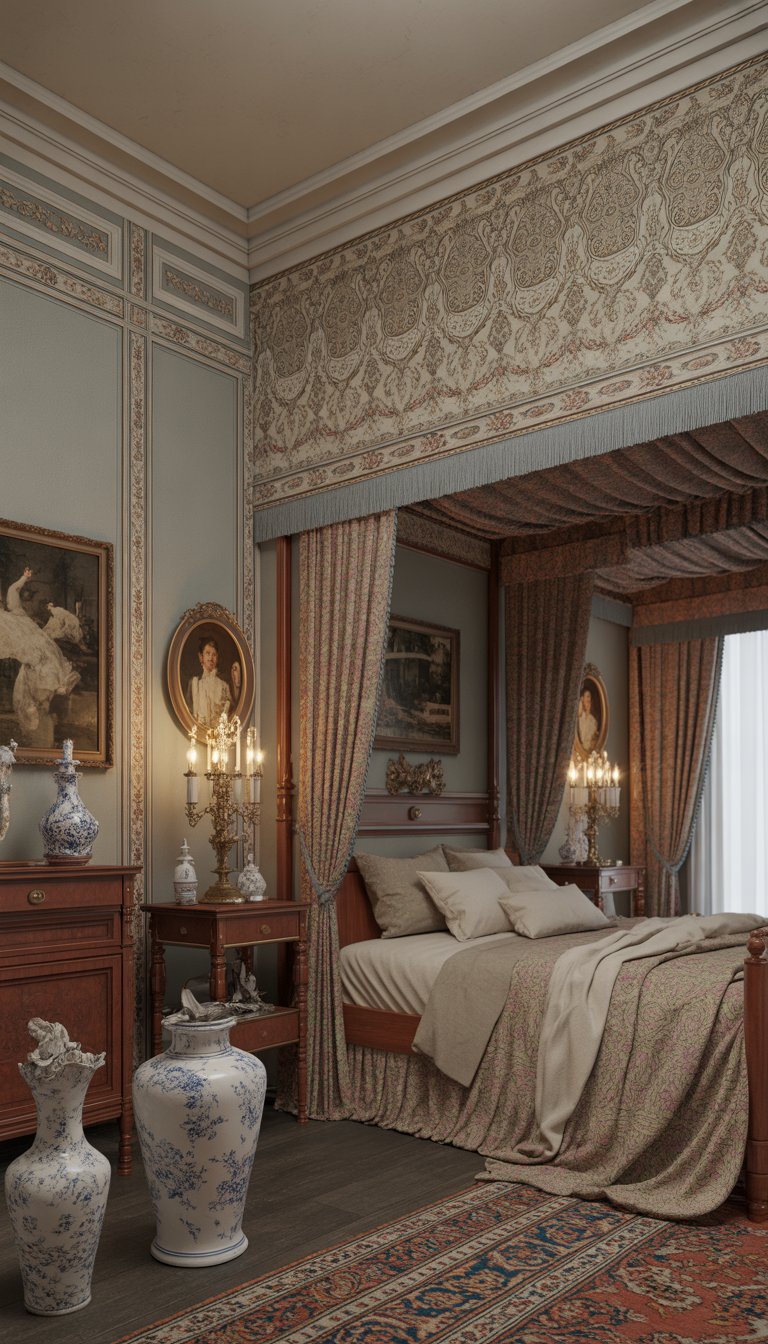 A Victorian bedroom with a four-poster bed, ornate wooden furniture, damask wallpaper borders, vintage chandelier, and decorative moldings.
