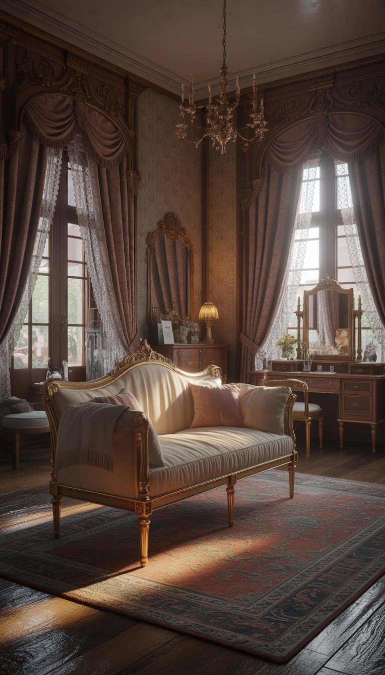 A beautifully furnished bedroom with a fainting couch, wooden furniture, tall windows with curtains, and a chandelier.
